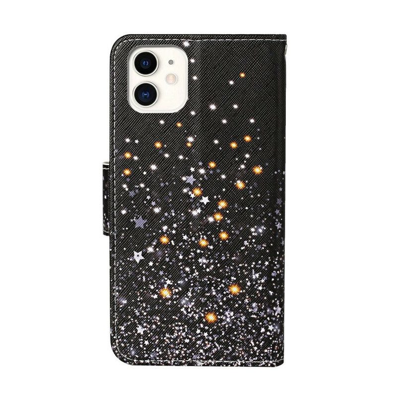 Custodia in pelle iPhone 12 / 12 Pro Stelle E Paillettes Con Cordino