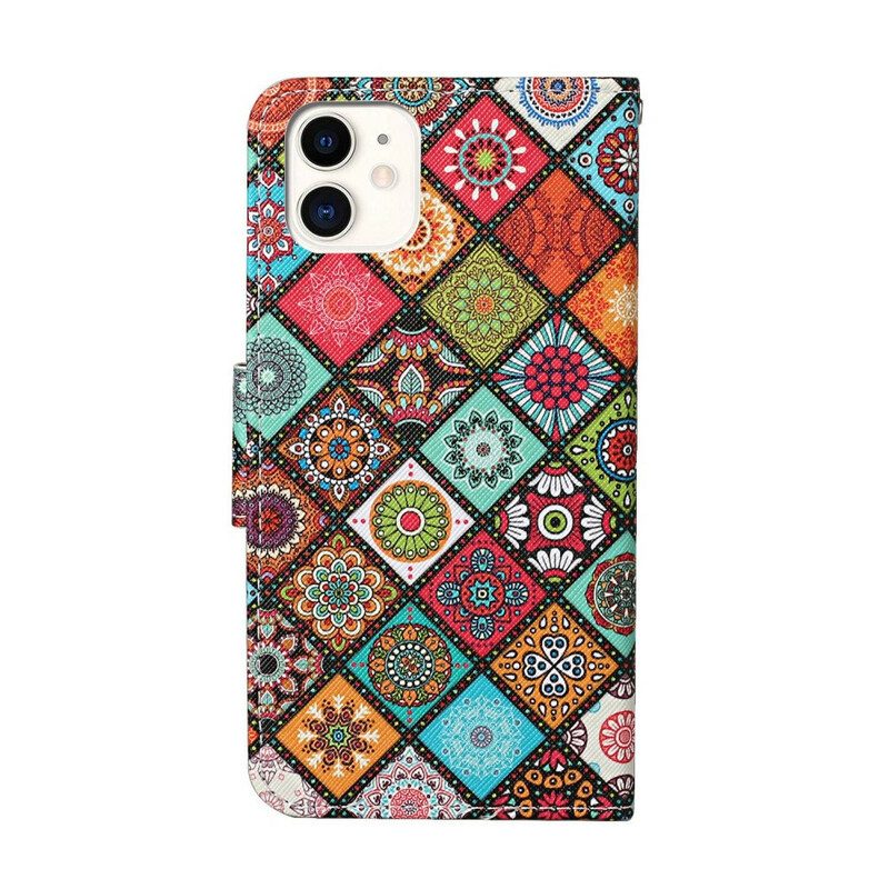 Folio Cover iPhone 12 / 12 Pro Mandala Patchwork Con Cordino