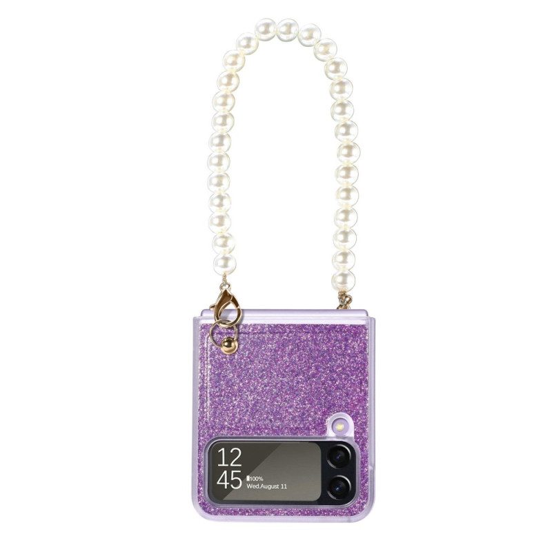 Folio Cover Samsung Galaxy Z Flip 4 Custodia in pelle Cinturino Con Perline Di Paillettes