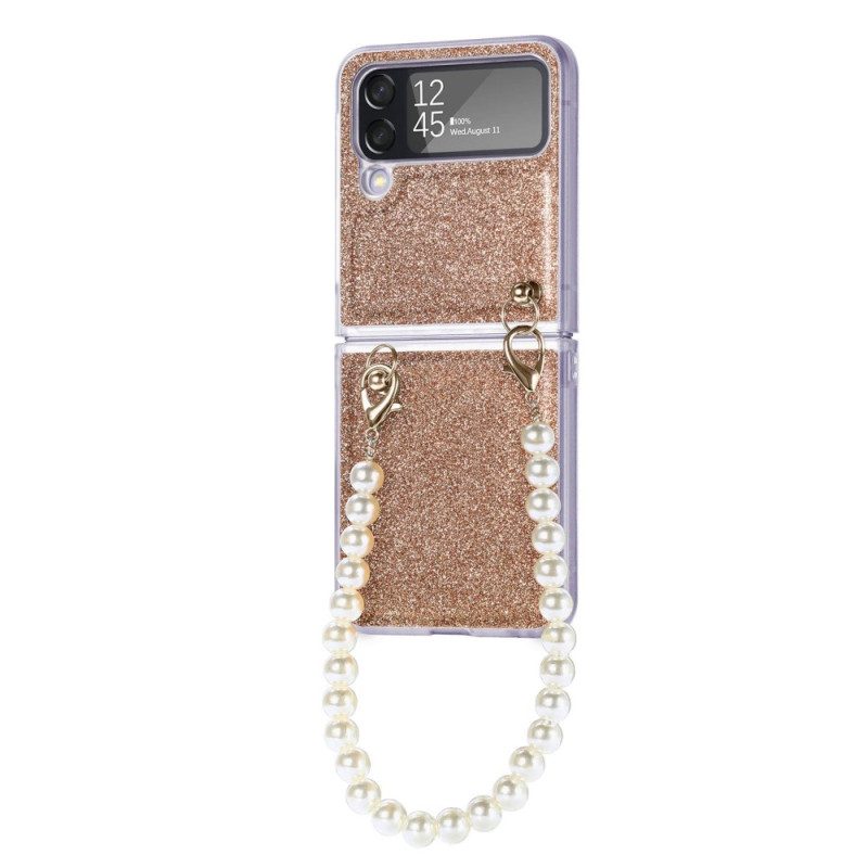 Folio Cover Samsung Galaxy Z Flip 4 Custodia in pelle Cinturino Con Perline Di Paillettes