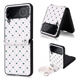 Folio Cover Samsung Galaxy Z Flip 4 Custodia in pelle Cuori Multipli E Tracolla