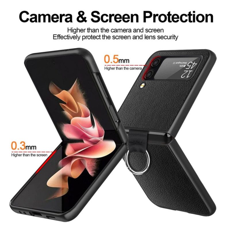 Folio Cover Samsung Galaxy Z Flip 4 Custodia in pelle Litchi In Pelle Con Anello