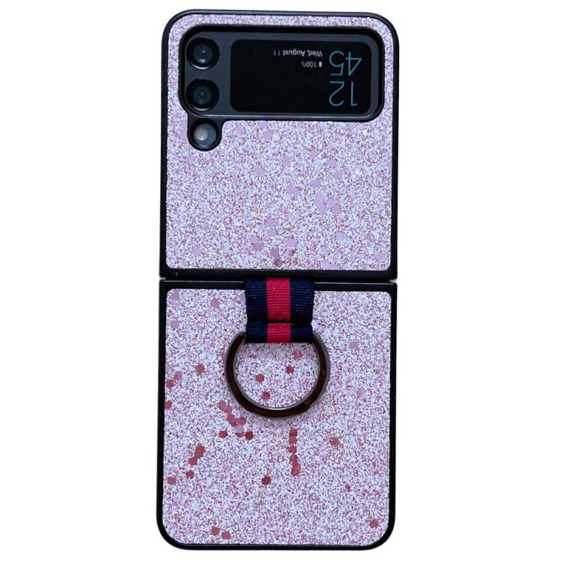 Folio Cover Samsung Galaxy Z Flip 4 Custodia in pelle Paillettes Con Anello