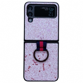 Folio Cover Samsung Galaxy Z Flip 4 Custodia in pelle Paillettes Con Anello