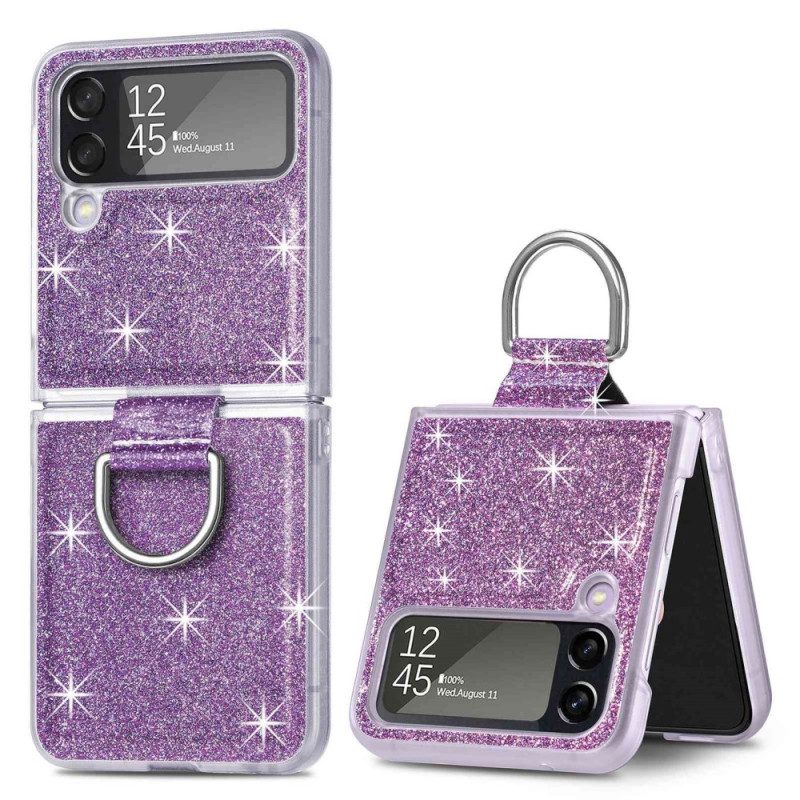 Folio Cover Samsung Galaxy Z Flip 4 Custodia in pelle Paillettes E Anello