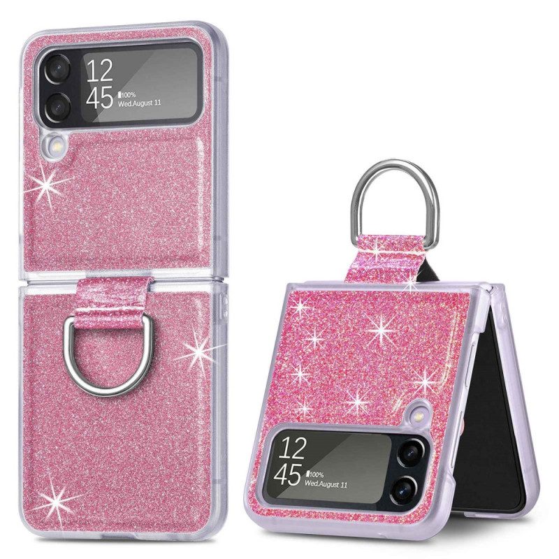 Folio Cover Samsung Galaxy Z Flip 4 Custodia in pelle Paillettes E Anello