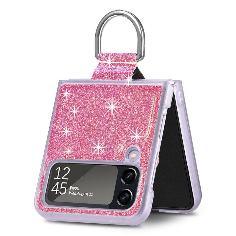 Folio Cover Samsung Galaxy Z Flip 4 Custodia in pelle Paillettes E Anello