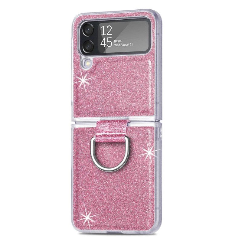 Folio Cover Samsung Galaxy Z Flip 4 Custodia in pelle Paillettes E Anello