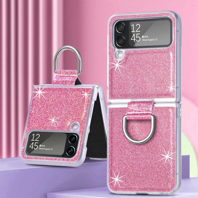 Folio Cover Samsung Galaxy Z Flip 4 Custodia in pelle Paillettes E Anello