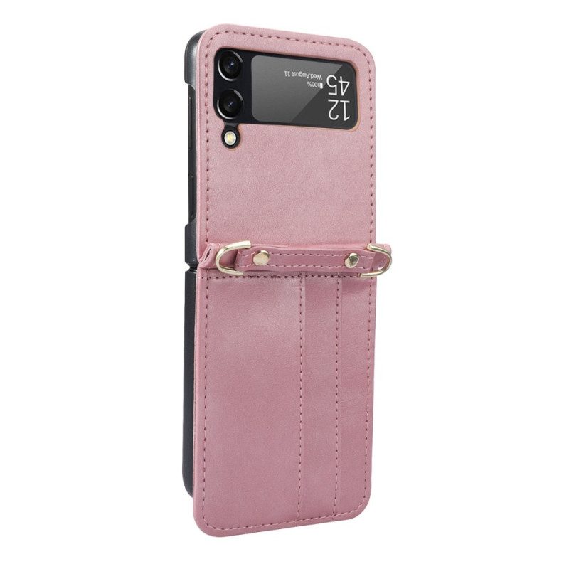 Folio Cover Samsung Galaxy Z Flip 4 Custodia in pelle Portacarte E Cordino In Pelle Stile