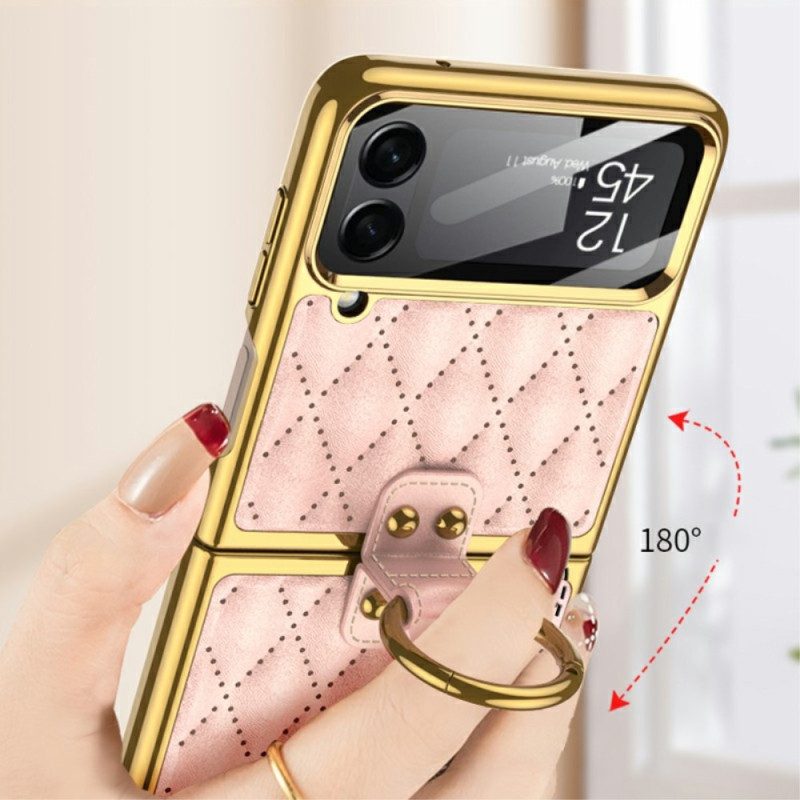 Folio Cover Samsung Galaxy Z Flip 4 Custodia in pelle Trapuntato Con Anello Gkk