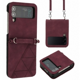 Folio Cover Samsung Galaxy Z Flip 4 Custodia in pelle Triangoli Con Tracolla