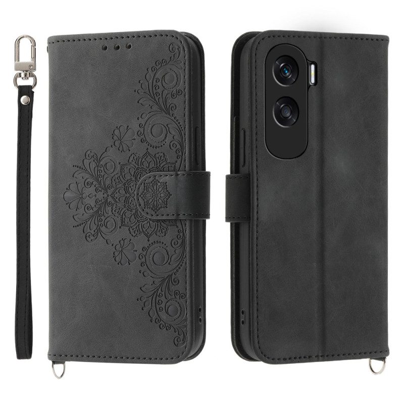 Custodia in pelle Honor 90 Lite Laccio Con Cinturino E Tracolla