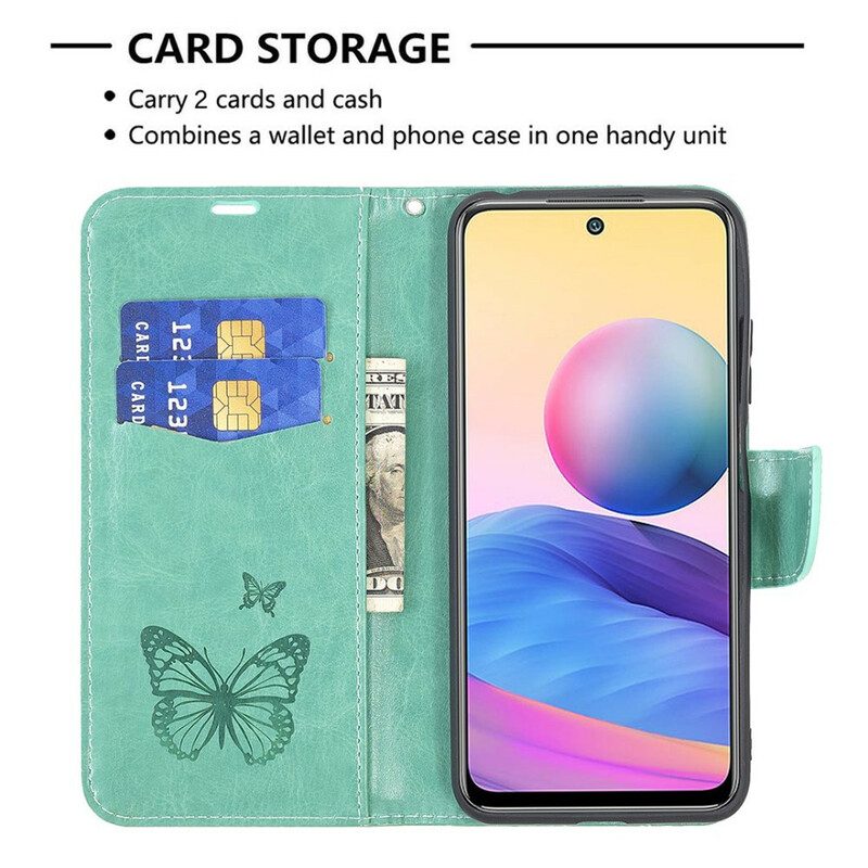 Custodia in pelle Xiaomi Redmi Note 10 5G Farfalle Stampate Strappy