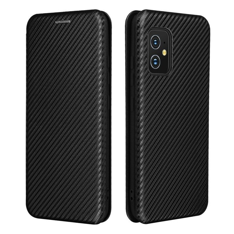 Folio Cover Asus Zenfone 8 Custodia in pelle Fibra Di Carbonio Con Anello Di Supporto