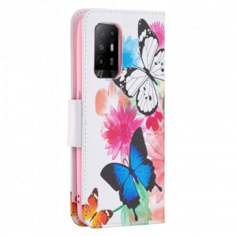 Custodia in pelle Oppo A94 5G Farfalle E Fiori Dipinti