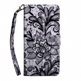 Custodia in pelle Oppo A94 5G Fiori Di Pizzo Con Cinturino