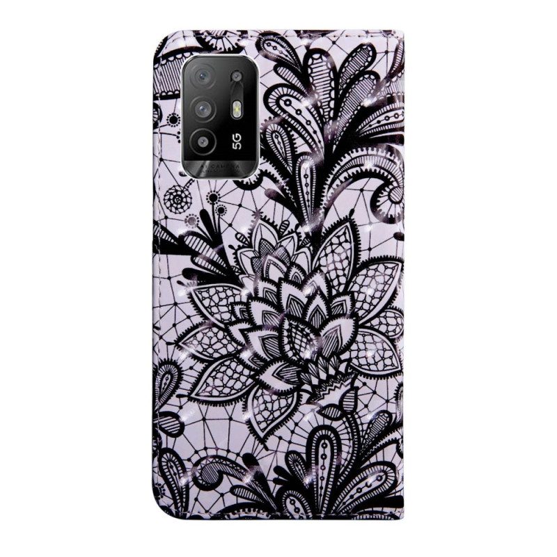 Custodia in pelle Oppo A94 5G Fiori Di Pizzo Con Cinturino