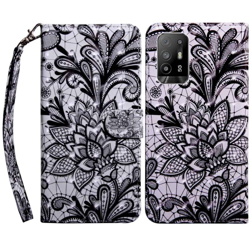 Custodia in pelle Oppo A94 5G Fiori Di Pizzo Con Cinturino