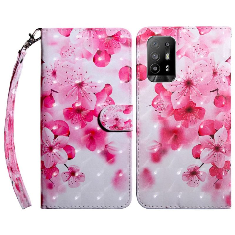 Custodia in pelle Oppo A94 5G Fiori Di Rosa Con Cordino