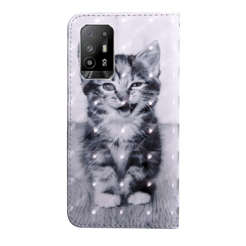 Custodia in pelle Oppo A94 5G Gattino Con Cordino