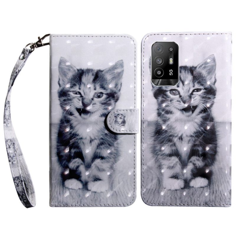 Custodia in pelle Oppo A94 5G Gattino Con Cordino