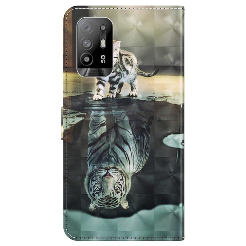 Custodia in pelle Oppo A94 5G Gatto E Tigre Con Cordino