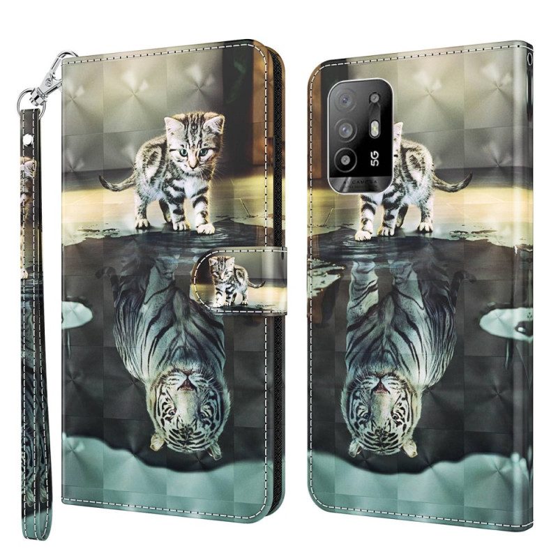 Custodia in pelle Oppo A94 5G Gatto E Tigre Con Cordino