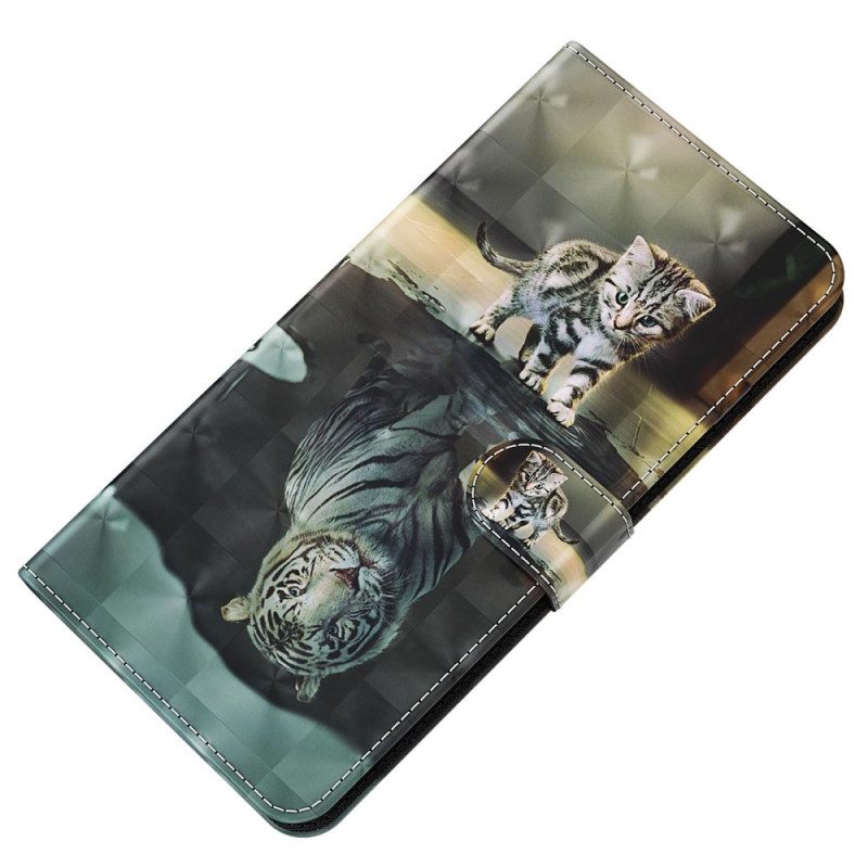 Custodia in pelle Oppo A94 5G Gatto E Tigre Con Cordino