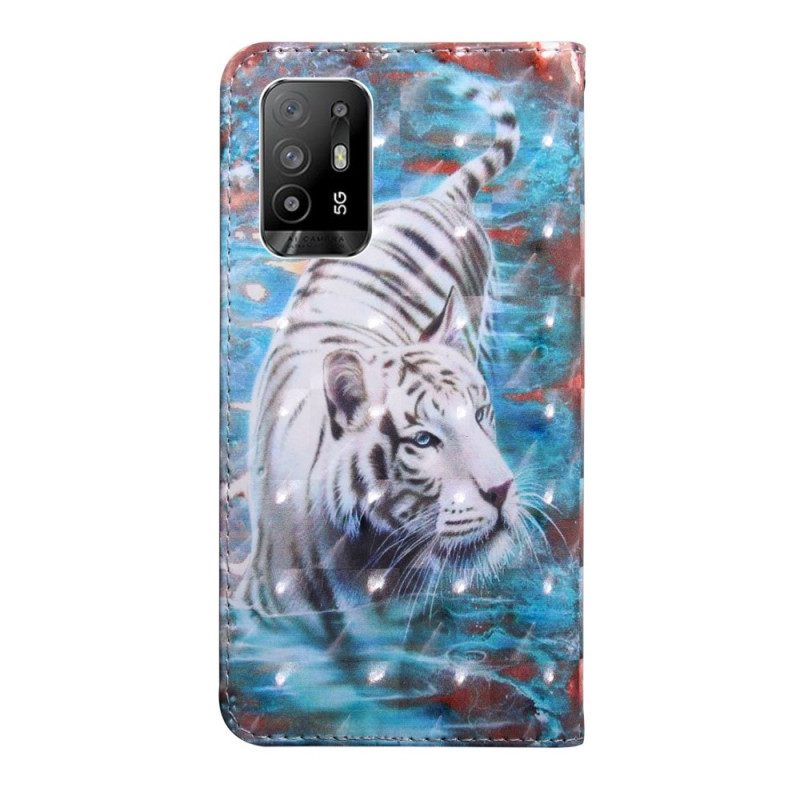 Custodia in pelle Oppo A94 5G Tigre In Finta Pelle Con Cordino