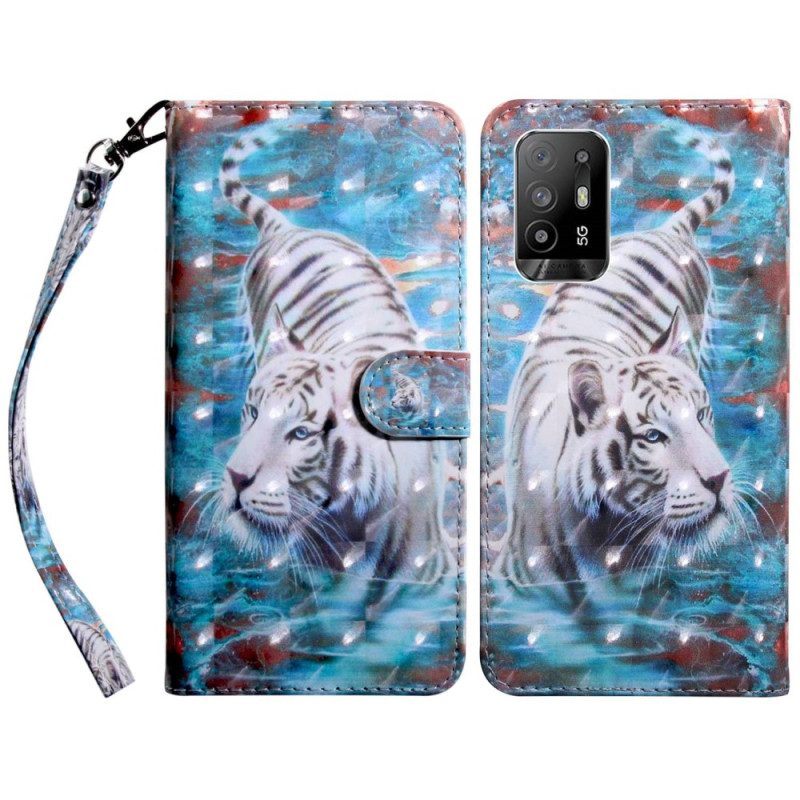 Custodia in pelle Oppo A94 5G Tigre In Finta Pelle Con Cordino