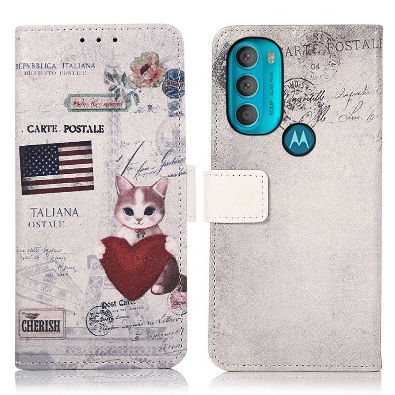 Custodia in pelle Moto G71 5G Gatto Viaggiatore