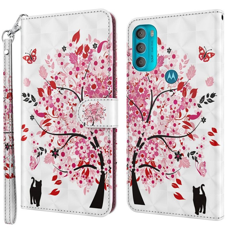 Folio Cover Moto G71 5G Albero Rosa E Gatto Nero