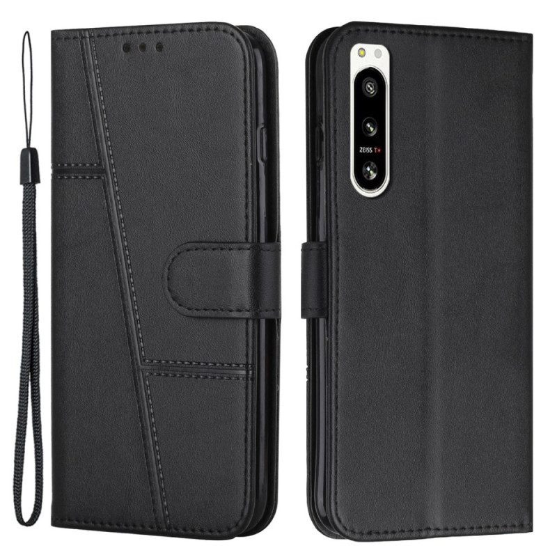 Custodia A Portafoglio Sony Xperia 5 IV Stile Geometrico In Pelle Con Cinturino