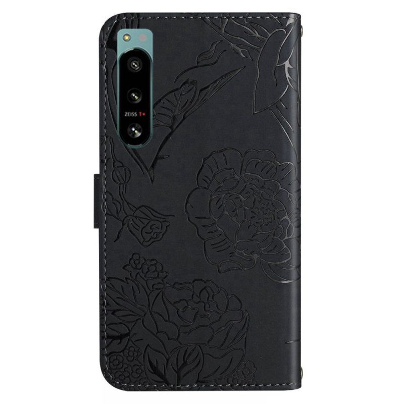 Custodia in pelle Sony Xperia 5 IV Farfalle Con Cordino