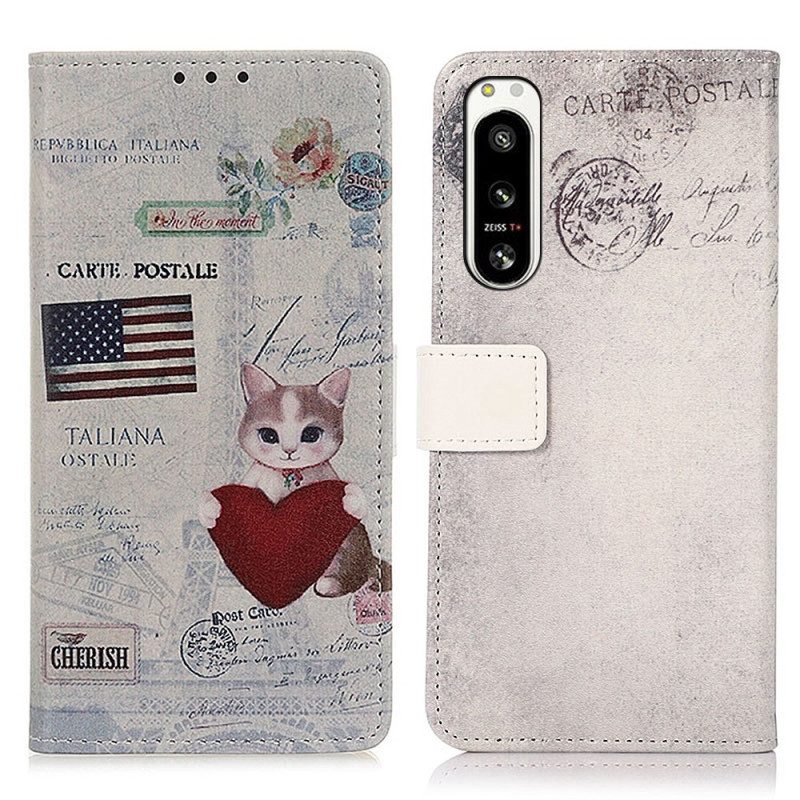 Custodia in pelle Sony Xperia 5 IV Gatto Viaggiatore