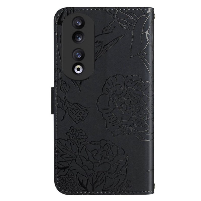 Custodia in pelle Honor 90 Farfalle E Tracolla