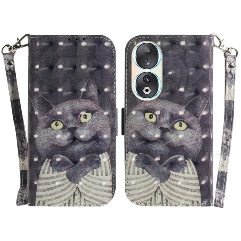 Custodia in pelle Honor 90 Gatto Grafico Con Cordino