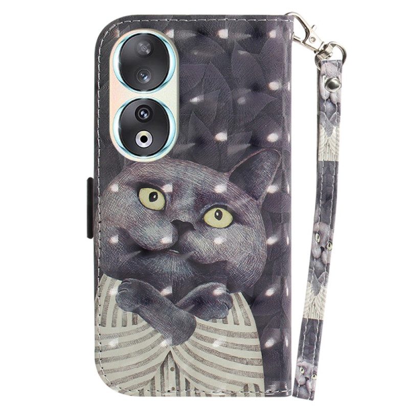 Custodia in pelle Honor 90 Gatto Grafico Con Cordino