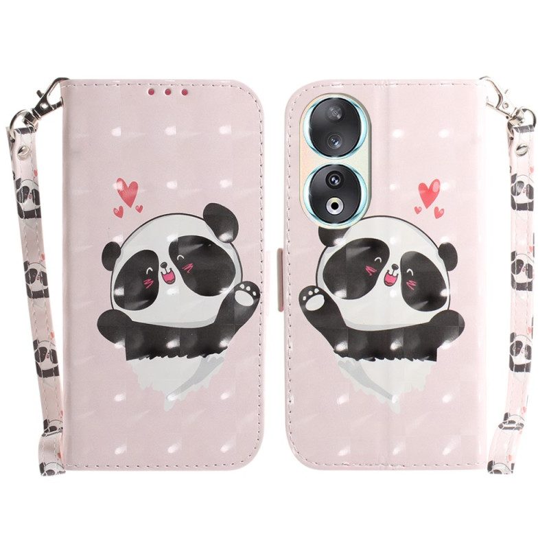 Custodia in pelle Honor 90 Panda Love Con Cinturino