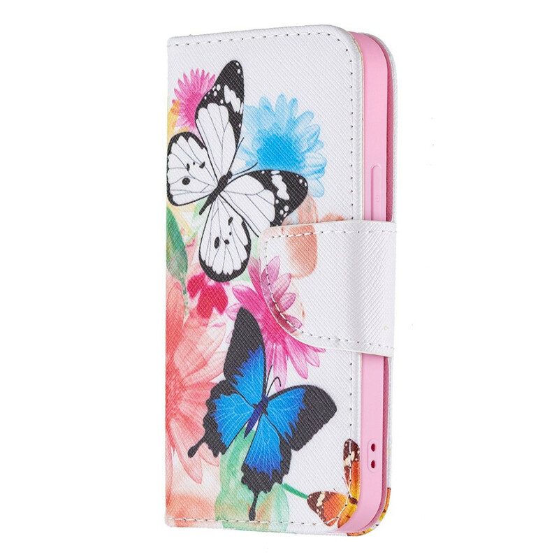 Custodia A Portafoglio iPhone 13 Mini Farfalle E Fiori Dipinti