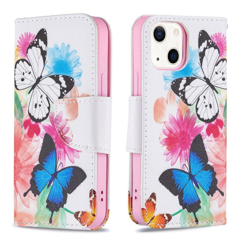 Custodia A Portafoglio iPhone 13 Mini Farfalle E Fiori Dipinti