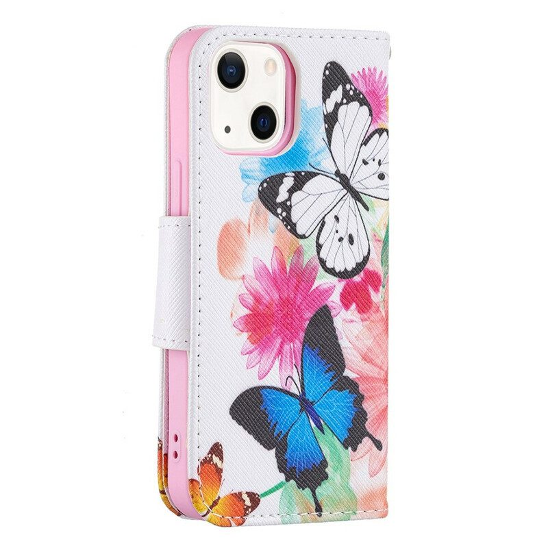 Custodia A Portafoglio iPhone 13 Mini Farfalle E Fiori Dipinti