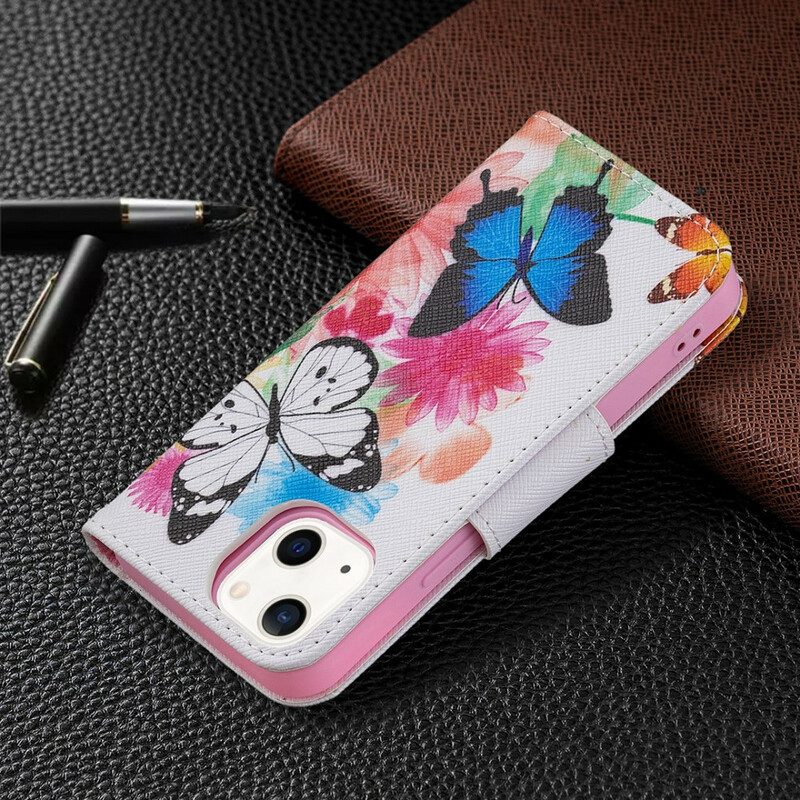 Custodia A Portafoglio iPhone 13 Mini Farfalle E Fiori Dipinti