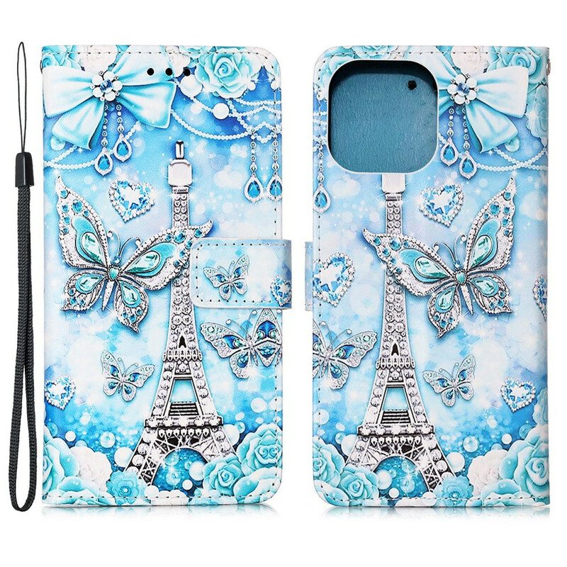 Custodia in pelle iPhone 13 Mini Cinturino A Farfalla Della Torre Eiffel