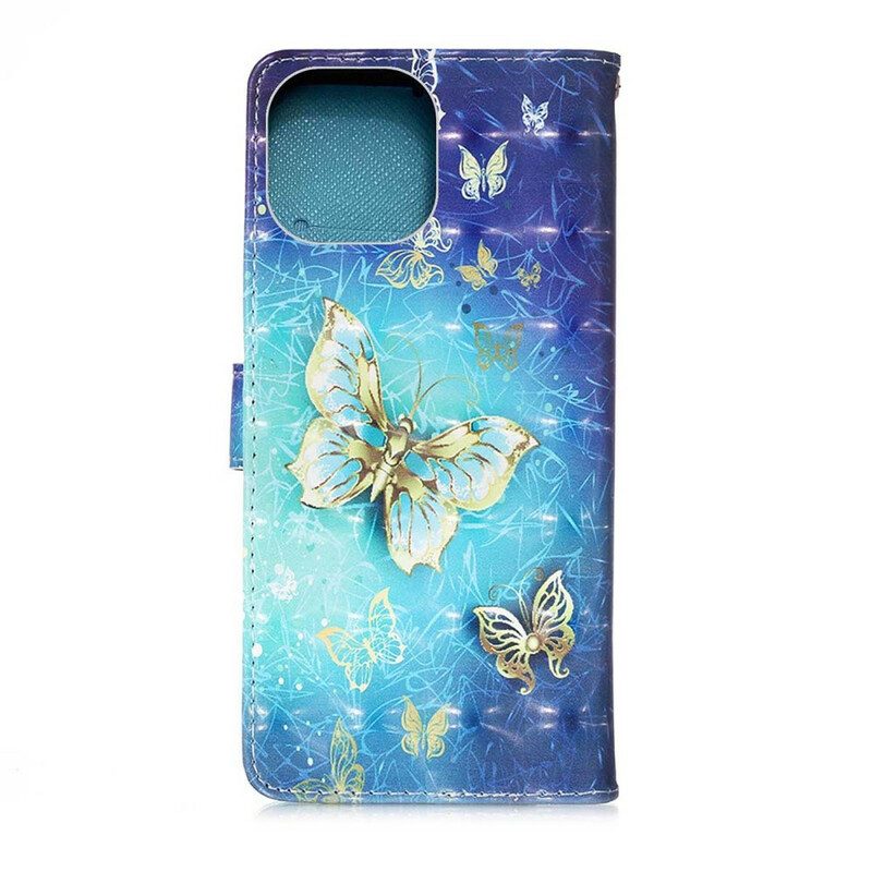 Custodia in pelle iPhone 13 Mini Cordino Farfalle Dorate