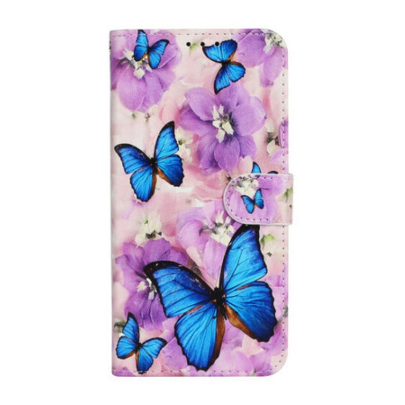 Custodia in pelle iPhone 13 Mini Farfalle Blu In Fiori