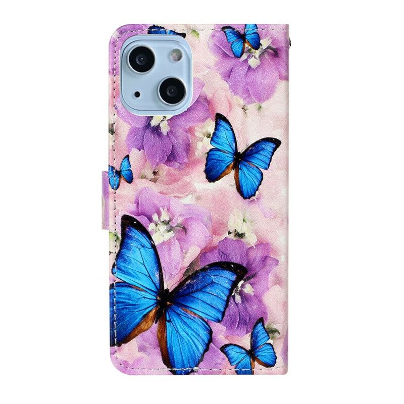 Custodia in pelle iPhone 13 Mini Farfalle Blu In Fiori