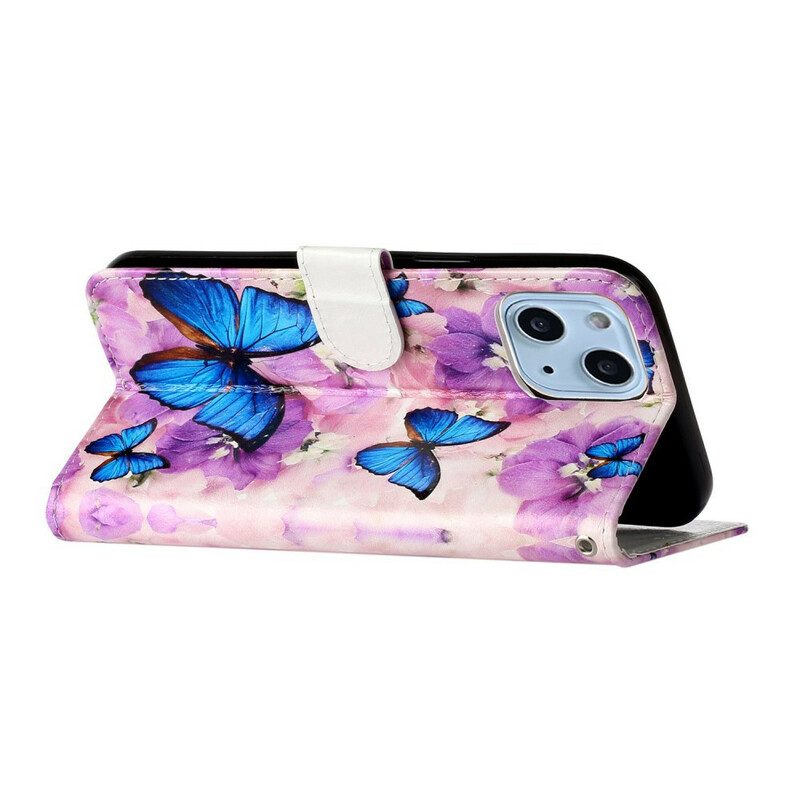 Custodia in pelle iPhone 13 Mini Farfalle Blu In Fiori