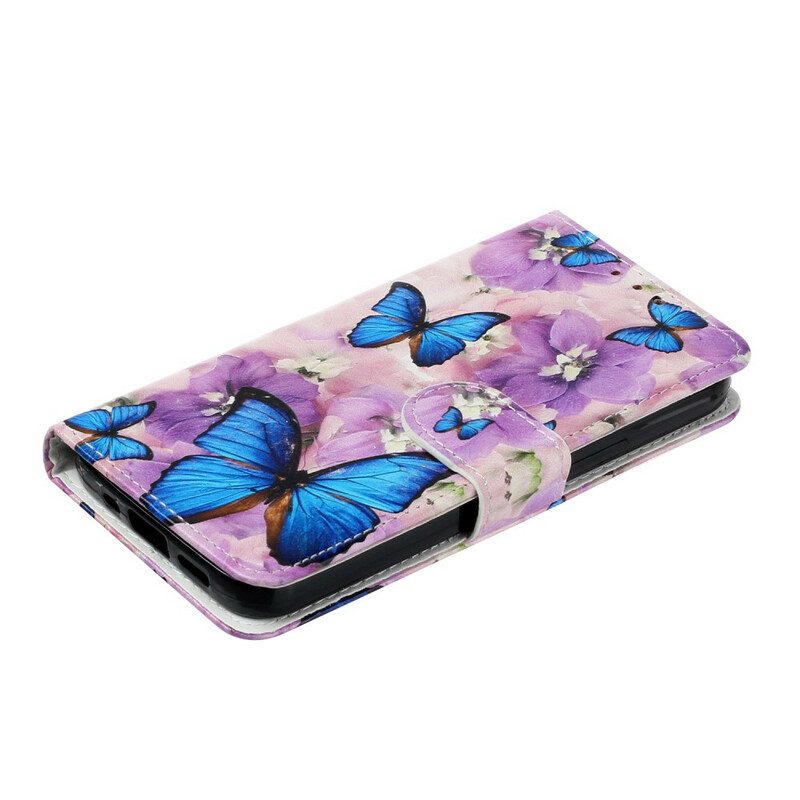 Custodia in pelle iPhone 13 Mini Farfalle Blu In Fiori